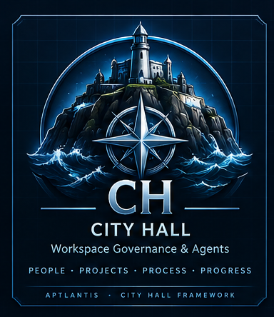 City Hall emblem with a lighthouse and compass above the sea